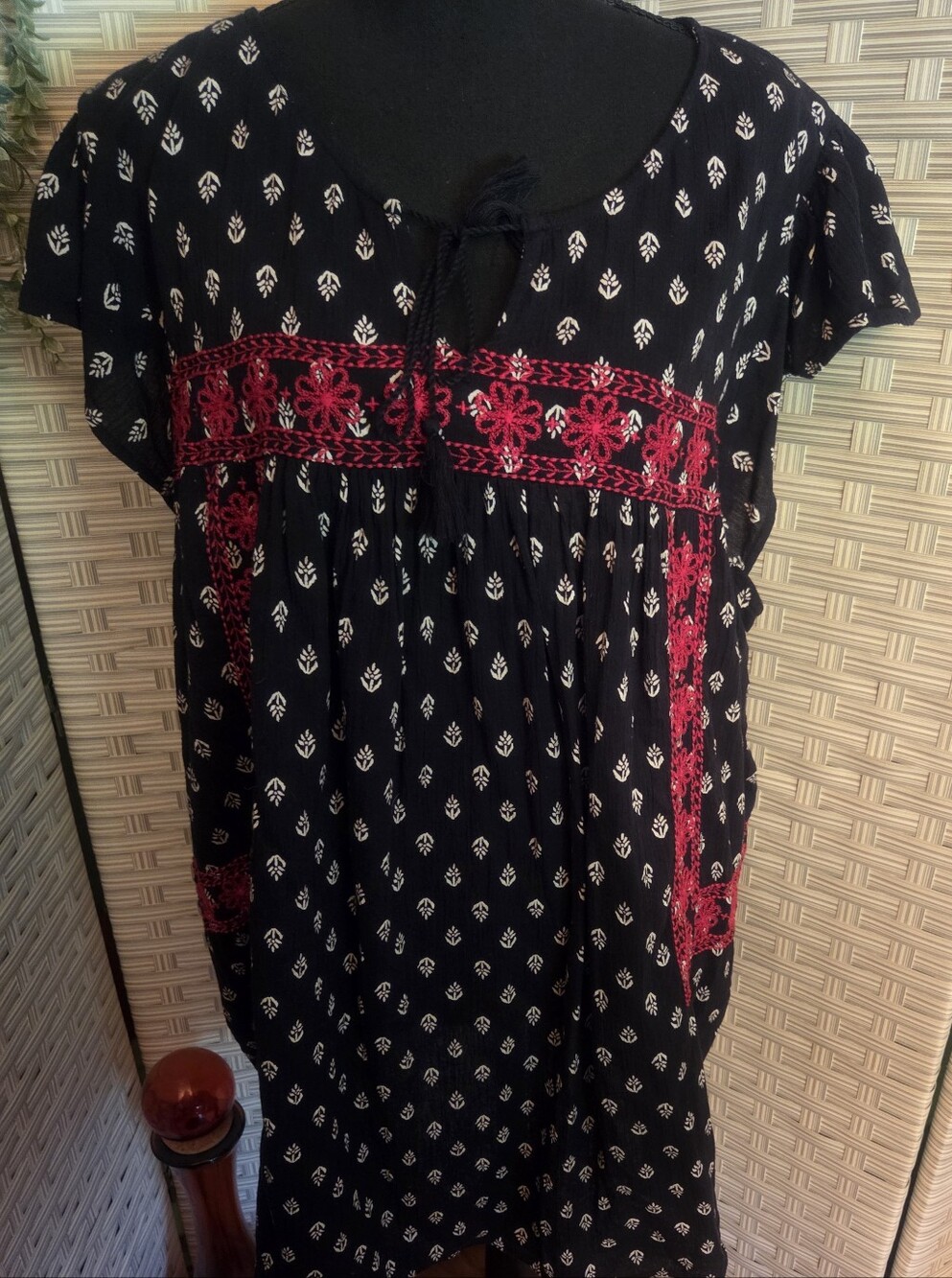 Old Navy Black Boho Peasant Blouse with Cream Print and Red Embroidery